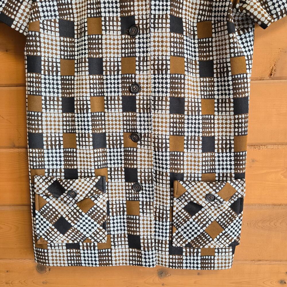 Vintage 70's Top Handmade Disco Mod Green Button Down Blouse Retro Geometric - Picture 3 of 4